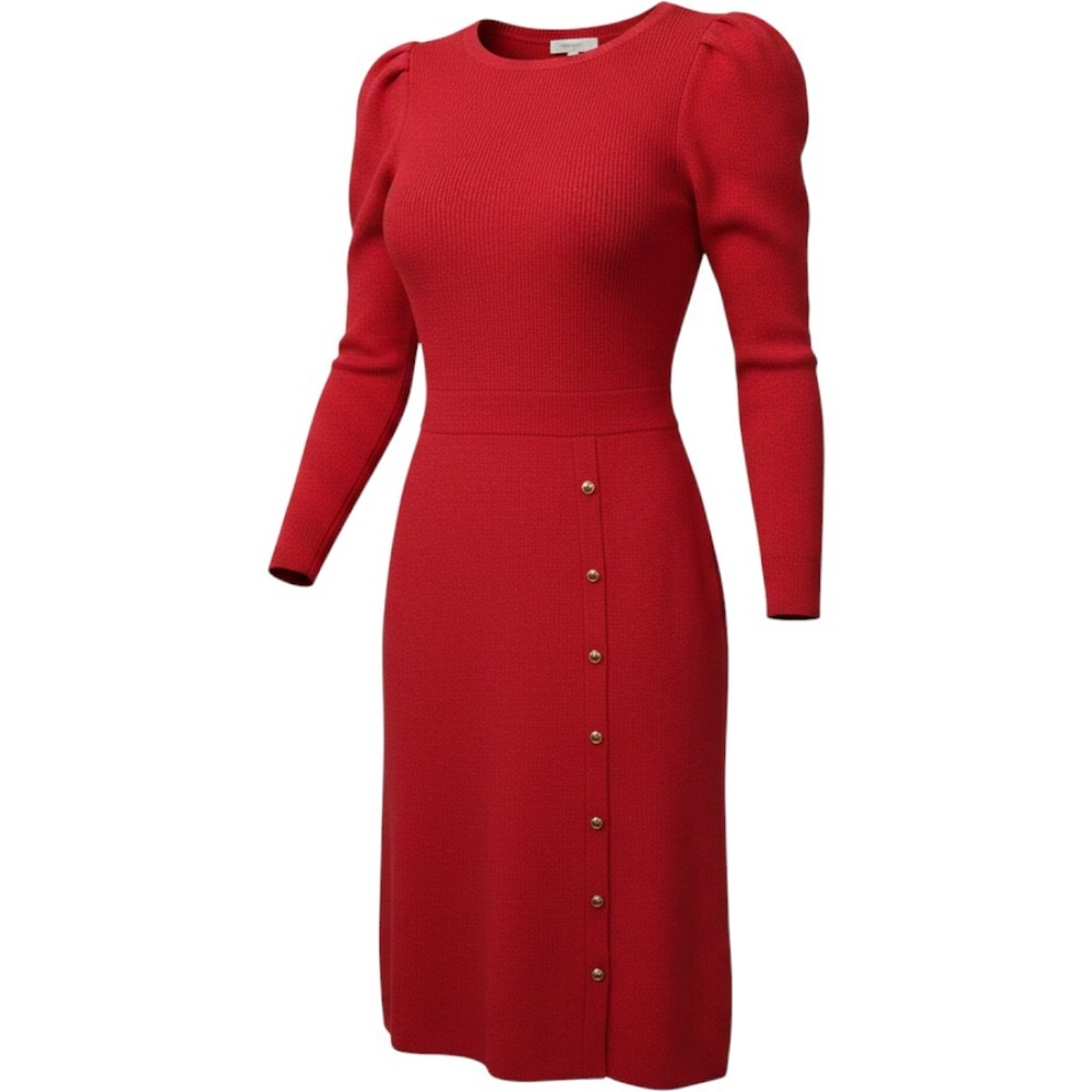 St. John Marie Gray Vtg 80s Red Santana Knit Dress Gold Button Puff Sleeve Sz 2